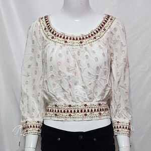 Anthropologie Boho Beaded & Embroidered Crop Top - White/Red Metallic Size Small